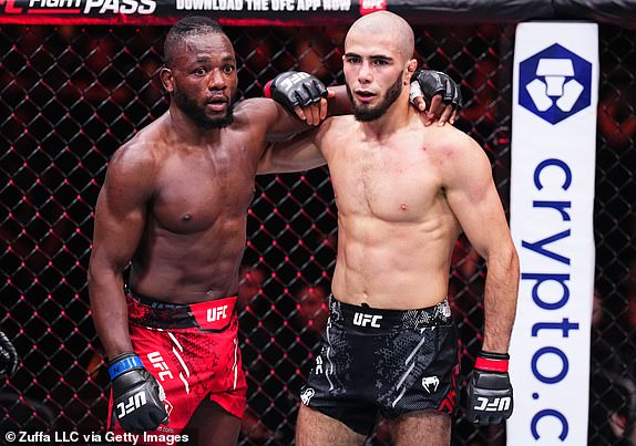 MANCHESTER, ENGLAND - JULY 27: (L-R) Manel Kape of Angola and Muhammad Mokaev of Russia react after a flyweight bout during the UFC 304 event at Co-op Live on July 27, 2024 in Manchester, England.  (Photo by Chris Unger/Zuffa LLC via Getty Images)