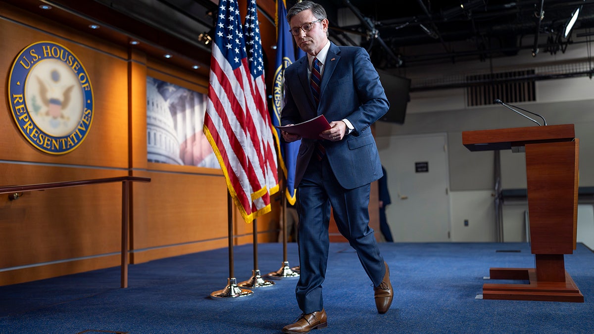 Speaker of the House Mike Johnson leaves a news conference after being informed by reporters that Secret Service Director Kimberly Cheatle had just resigned