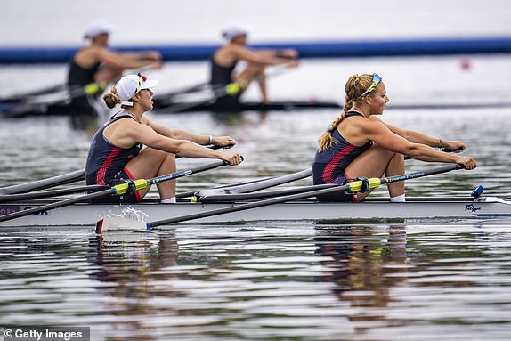 PARIS, FRANCE - JULY 27: Mathilda Hodgkins Byrne and Rebecca Wilde of Team Great Britain compete in the Women's Double Sculls Heat during on day one of the Olympic Games Paris 2024 at Vaires-Sur-Marne Nautical Stadium on July 27, 2024 in Paris, France. (Photo by Kevin Voigt/GettyImages)