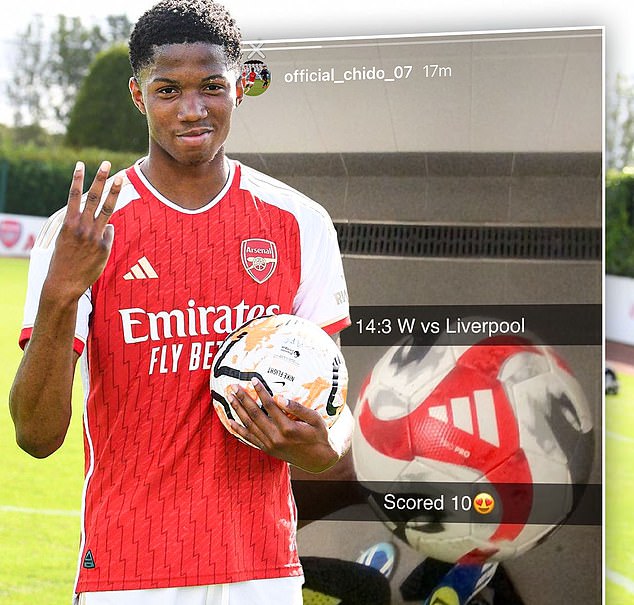 Striker Obi-Martin scored 10 goals in one U16 game last season as Arsenal beat Liverpool 14-3