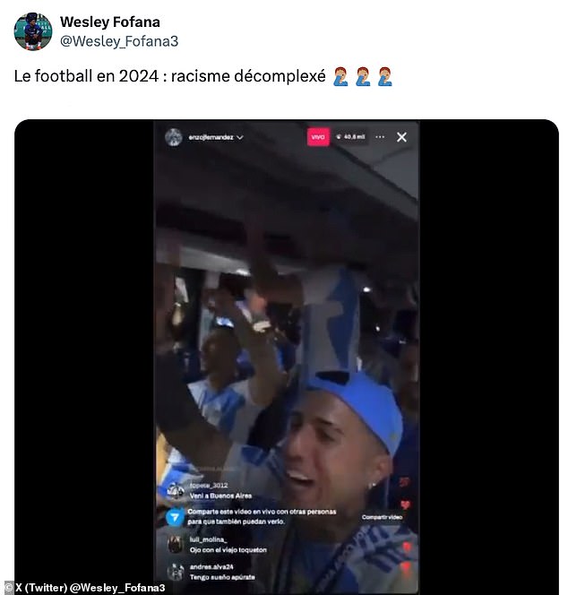Fofana deleted his tweet where he originally shared the video on X with the comment: 'Football in 2024: uninhibited racism'