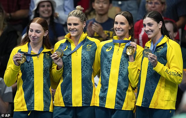 Left to right: O'Callaghan, Jack, McKeon and Harris show off their gold medals - but a commentator made a shocking sexist remark as they celebrated