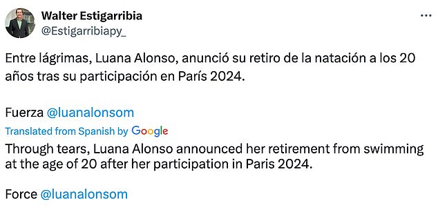 The swimmer was said to be 'in tears' during her interview with Claro Sports