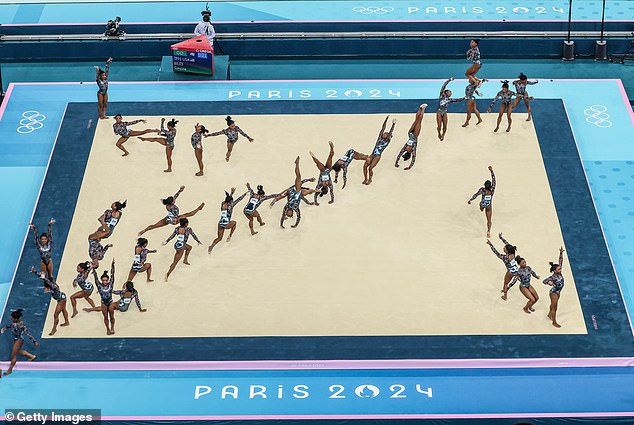 Simone Biles of Team United States competes in the floor exercise on Sunday in Paris