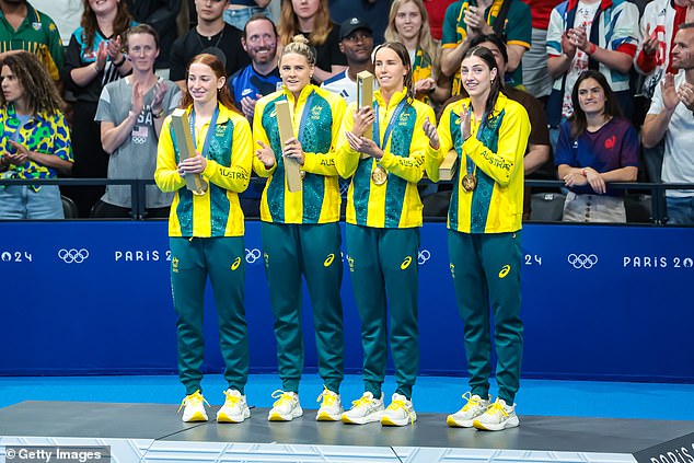 Athletes in team events receive individual payments, so Australia's gold-medal winning women's 4x100m team will each garner $20,000 (pictured: Mollie O'Callaghan, Shayna Jack, Emma McKeon, and Meg Harris)