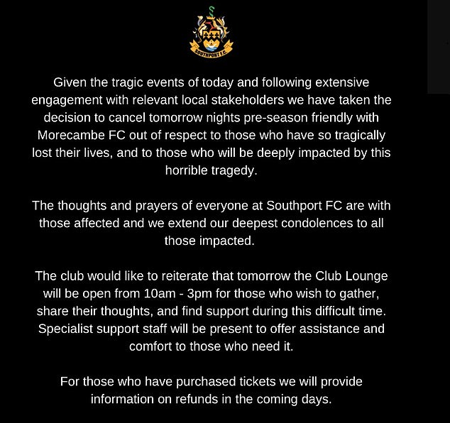 Southport FC confirmed the cancellation of Tuesday's fixture in a social media post on X