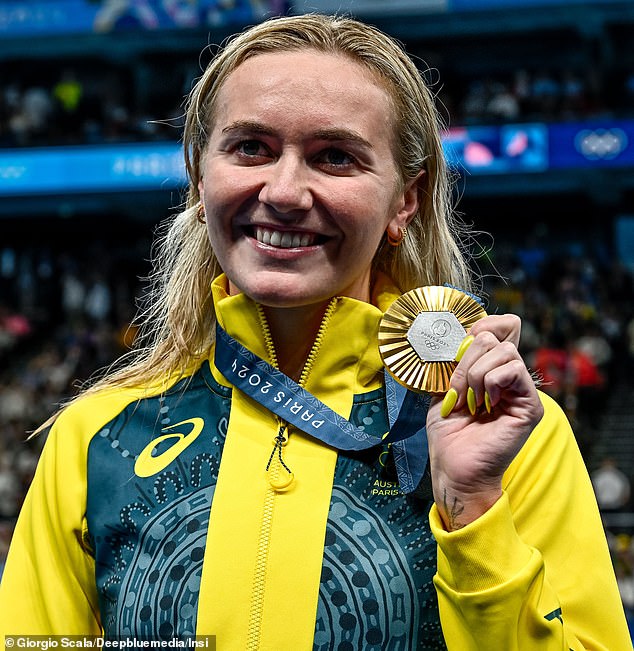 American news outlets have run a medal tally showing the USA leading the field, despite the fact other nations have won more golds in Paris (pictured, Aussie Ariarne Titmus after beating US swimmer Katie Ledecky in the 400m freestyle final)