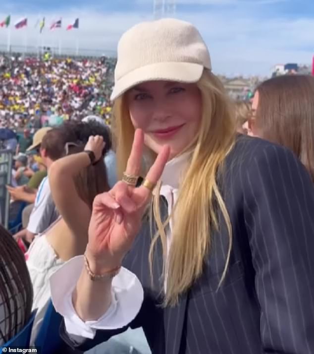 Nicole Kidman (pictured) thrilled her Brazilian fans on Sunday as she watched the skateboarding competition at the Paris Olympics