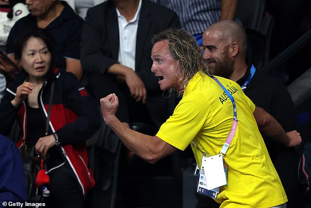 Boxall, at his unrestrained best, celebrates as Ariarne Titmus wins gold in the 400m freestyle final on the opening day of the Paris Olympic Games.