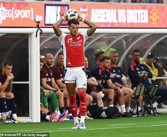Ben White taking a throw-in during Arsenal's 2-1 win over Manchester United