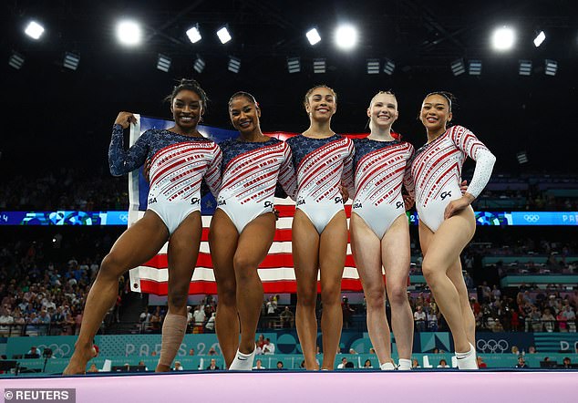 Simone Biles, Jordan Chiles, Jade Carey, Sunisa Lee and Hezly Rivera celebrate after the win