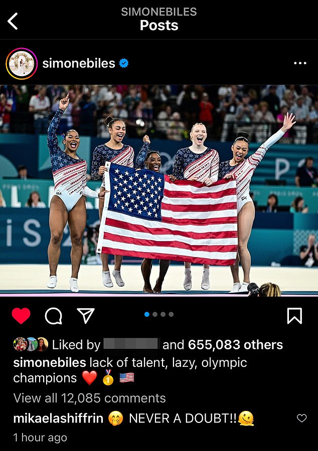 Biles captioned her celebration post with a veiled shot at a former Team USA member