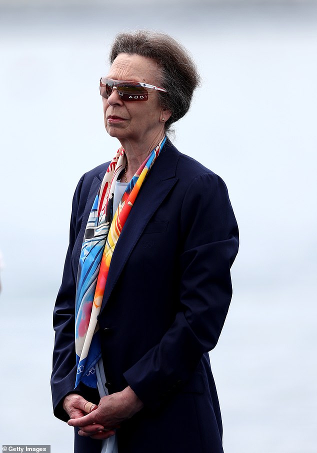 Princess Anne attends the rowing women's quadruple sculls medal ceremony on day five of the Olympic Games