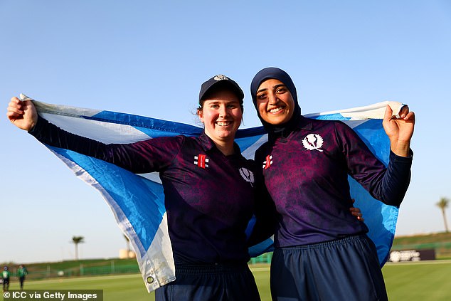 Katherine Fraser and Abatha Maqsood celebrate after the Scots qualified for the World Cup