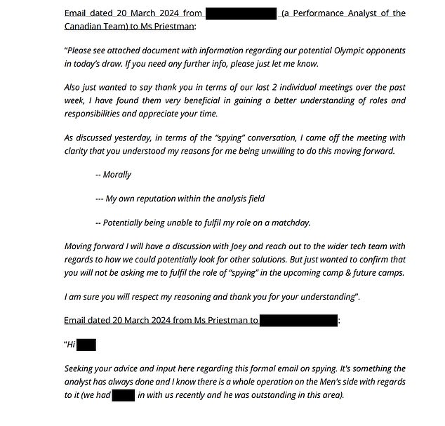 Emails show Priestman speaking about the practice of spying as commonplace