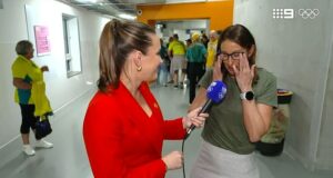 Australian swimming great Hayley Lewis fights back tears as son wins silver medal: ‘I can barely talk’
