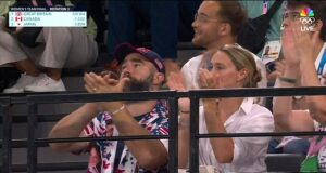 Jason and Kylie Kelce roar with excitement as they watch Simone Biles make gymnastics history at the 2024 Olympics in Paris