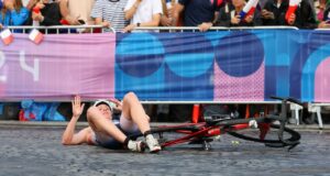 Paris streets littered by bicycle crashes during Olympics triathlon amid wet conditions