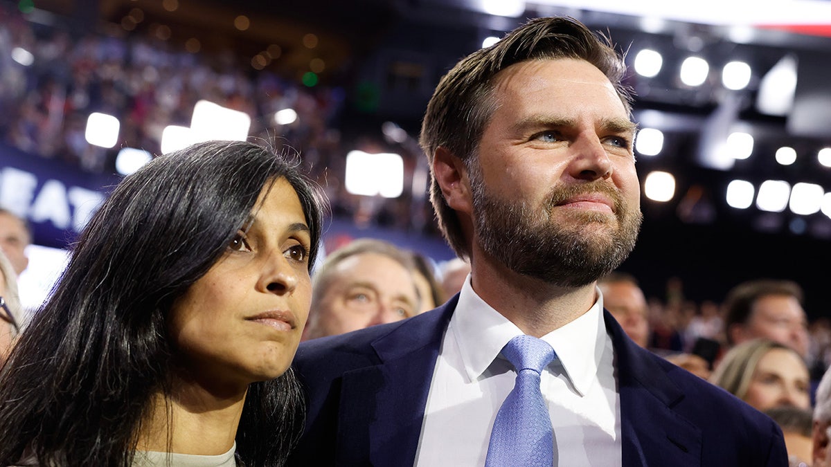 J. D. Vance and his wife Usha Vance arrive at the Republican National Convention in Milwaukee, Wisconsin