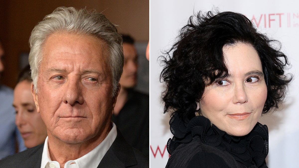 Dustin Hoffman looks to his left in a dark suit, with Alex Borstein in black looking over her shoulder to the right