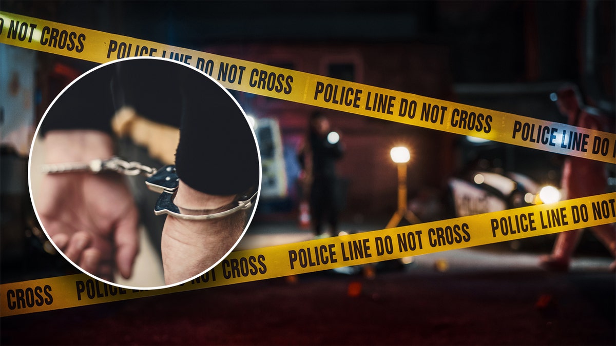 Individual in handcuffs with police tape in background