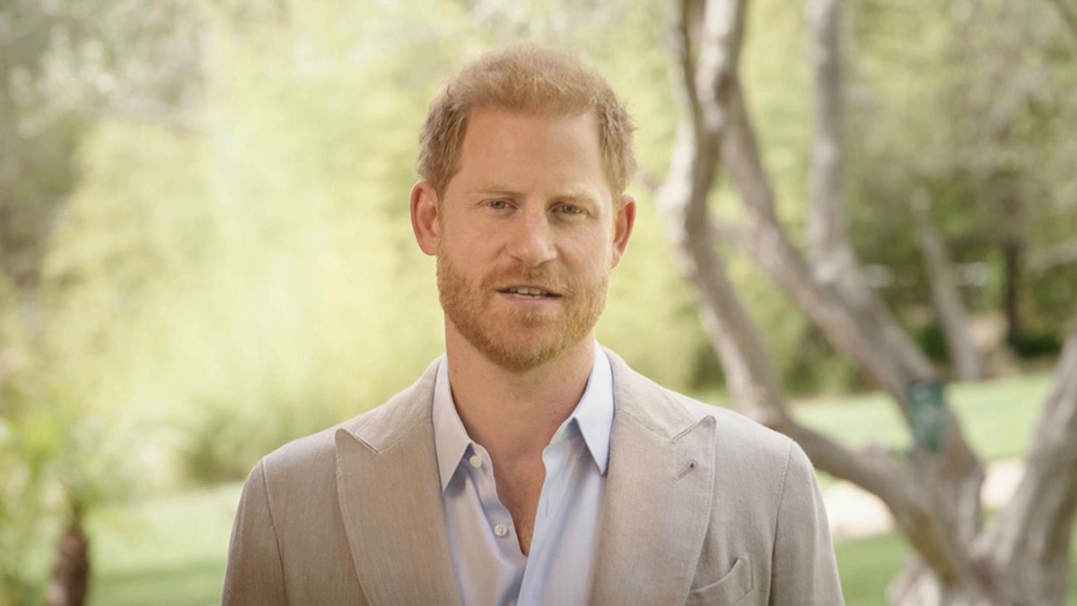 Royal Prince Harry dressed in a khaki blazer and blue shirt