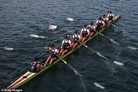 PARIS, FRANCE - AUGUST 03: Annie Campbell-Orde, Harriet Taylor, Eve Stewart, Lauren Irwin, Emily Ford, Holly Dunford, Rowan McKellar, and Heidi Long of Team Great Britain prepare for the Women's Eight Finals on day eight of the Olympic Games Paris 2024 at Vaires-Sur-Marne Nautical Stadium on August 03, 2024 in Paris, France. (Photo by Alex Davidson/Getty Images)