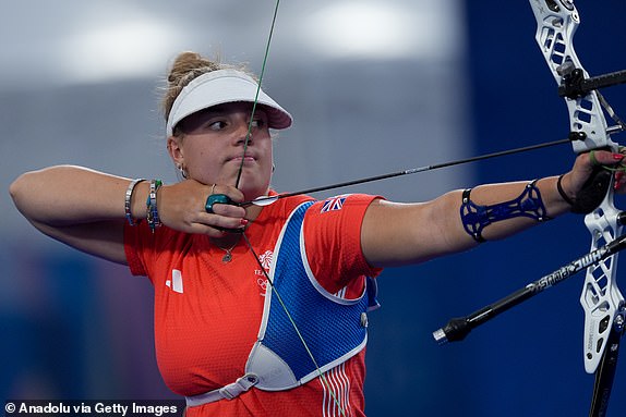 PARIS, FRANCE - JULY 31: Megs Havers of UK competes in the Archery Women's Individual during Olympic Games Paris 2024 on Day 4 at Esplanade Des Invalides on July 31, 2024 in Paris, France. (Photo by Mustafa Ciftci/Anadolu via Getty Images)