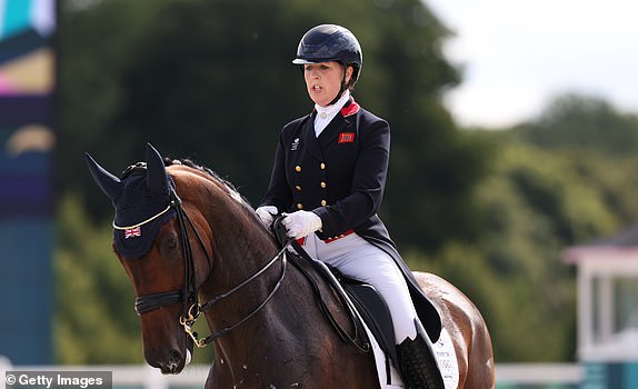 VERSAILLES, FRANCE - AUGUST 03: Becky Moody and horse Jagerbomb of Team Great Britain compete during the Dressage Team Grand Prix Special on day eight of the Olympic Games Paris 2024 at Chateau de Versailles on August 03, 2024 in Versailles, France. (Photo by Mike Hewitt/Getty Images)
