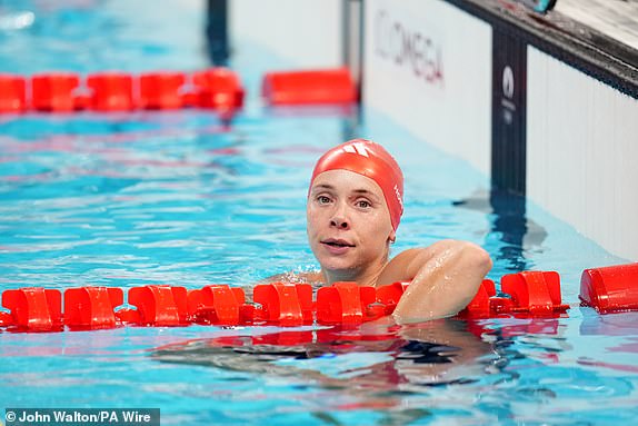 Great Britain's Anna Hopkin reacts after the women's 100m freestyle semi-final at the Paris La Defense Arena on the fourth day of the 2024 Paris Olympic Games in France. Picture date: Tuesday July 30, 2024. PA Photo. Photo credit should read: John Walton/PA Wire.RESTRICTIONS: Use subject to restrictions. Editorial use only, no commercial use without prior consent from rights holder.