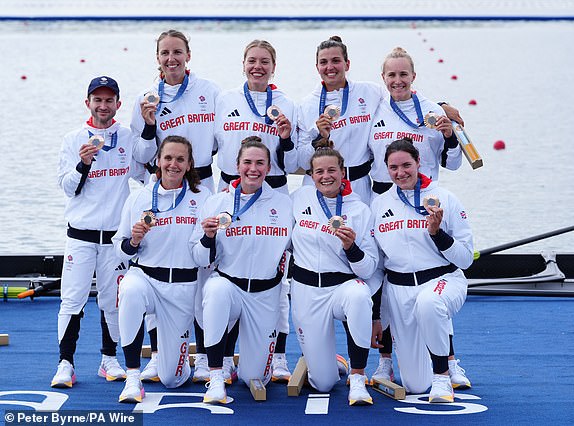 Great Britain's Heidi Long, Rowan McKellar, Holly Dunford, Emily Ford, Lauren Irwin, Eve Stewart, Harriet Taylor, Annie Campbell-Orde, and Cox Henry Fieldman with their bronze medals won in the Women's Eight Final at the Vaires-sur-Marne Nautical Stadium on the eighth day of the 2024 Paris Olympic Games in France. Picture date: Saturday August 3, 2024. PA Photo. Photo credit should read: Peter Byrne/PA Wire.RESTRICTIONS: Use subject to restrictions. Editorial use only, no commercial use without prior consent from rights holder.