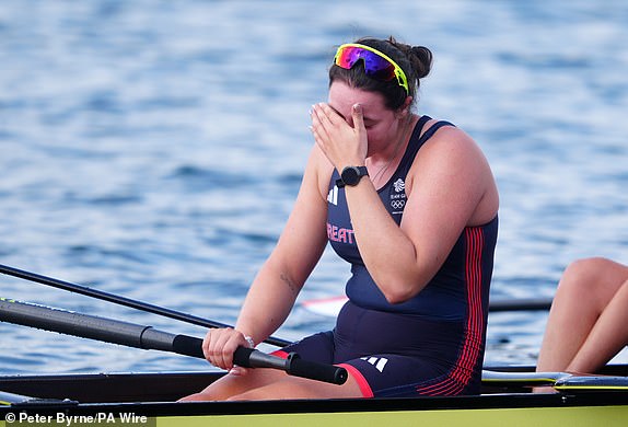 Great Britain's Holly Dunford celebrates winning Bronze in the Women's Eight Final at the Vaires-sur-Marne Nautical Stadium on the eighth day of the 2024 Paris Olympic Games in France. Picture date: Saturday August 3, 2024. PA Photo. Photo credit should read: Peter Byrne/PA Wire.RESTRICTIONS: Use subject to restrictions. Editorial use only, no commercial use without prior consent from rights holder.