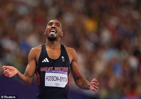 Paris 2024 Olympics - Athletics - Men's 400m Final - Stade de France, Saint-Denis, France - August 07, 2024. Silver medallist Matthew Hudson-Smith reacts post-race.
