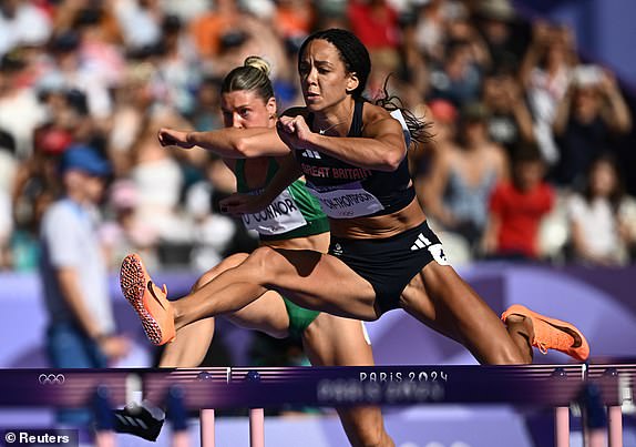 Paris 2024 Olympics - Athletics - Women's Heptathlon 100m Hurdles - Stade de France, Saint-Denis, France - August 08, 2024. Katarina Johnson-Thompson in action at the 100m hurdles.