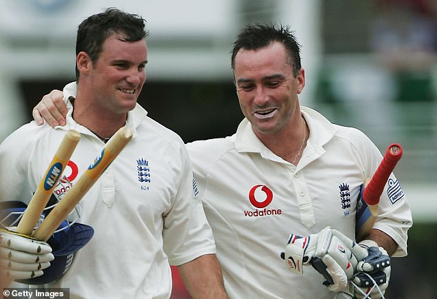 Thorpe and Andrew Strauss celebrate England winning their first Test match against South Africa in Port Elizabeth in 2004