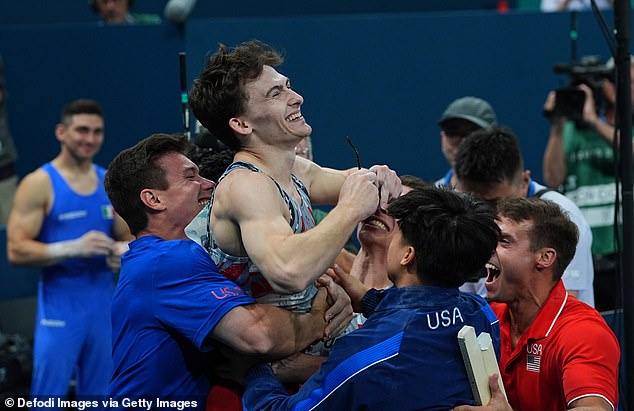 Nedoroscik was lifted up by his teammates after his pommel horse routine clinched bronze