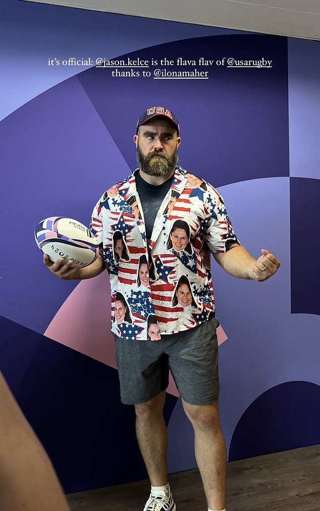 Kelce wore a shirt with Ilona Maher's face as the print at the Olympics on Tuesday