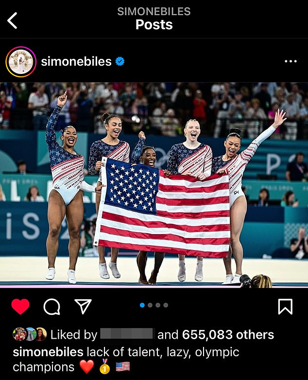 Simone Biles captioned her celebration post with a veiled shot at a former Team USA member