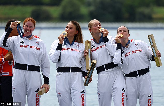 Team GB celebrated a remarkable win in the women’s quadruple sculls race on Wednesday