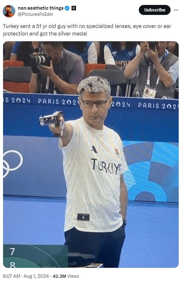 Turkish silver medalist Yusuf Dikec (pictured), 51, has gone viral for his incredibly relaxed preparation and attitude at the Paris Games