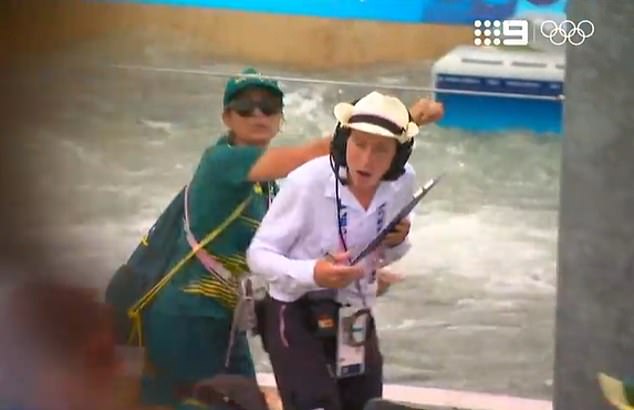 Fox's mum Myriam was so excited by the result that she collided with an official (pictured)