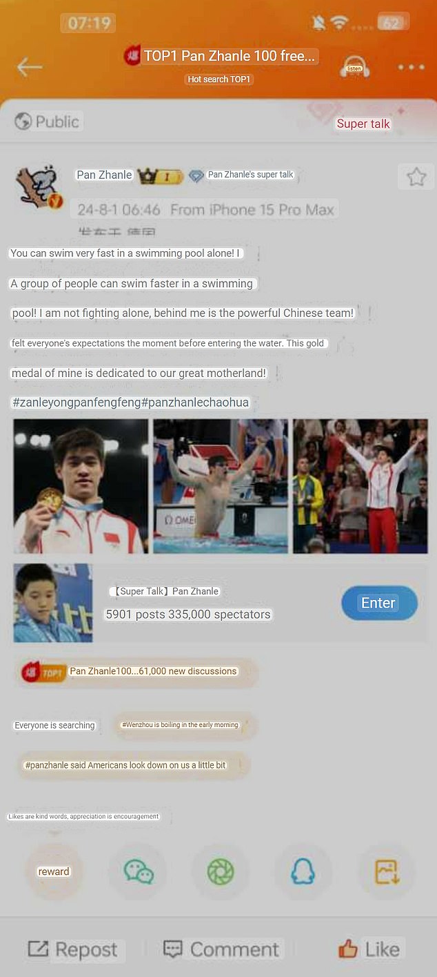 Pan's own post to Chinese social media platform Weibo is pictured translated into English