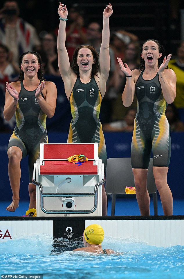 Lani Pallister (right), who had to withdraw from the earlier 1500m freestyle heats after testing positive for Covid, was uncertain if she would be cleared to compete in the relay - she is also Dawn Fraser's goddaughter
