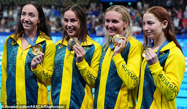 Australia's dominating quartet secured gold over the US and China in the 4x200m freestyle relay at the La Defense Arena (Pallister is pictured left)