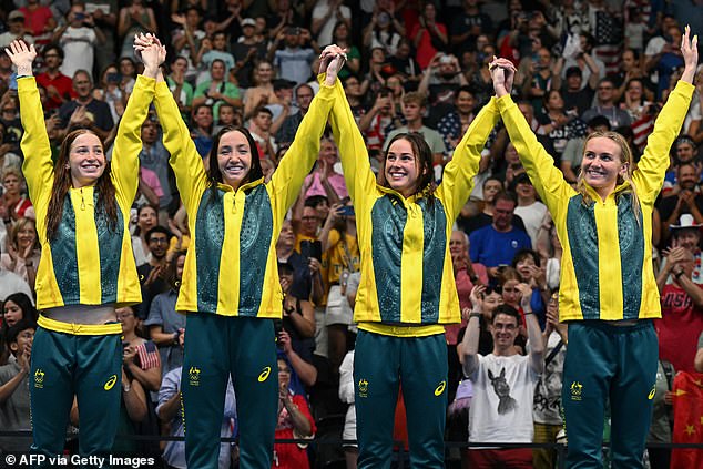 O'Callaghan (left) alongside her finalist teammates Lani Pallister, Brianna Throssell, and Ariarne Titmus celebrating on the podium