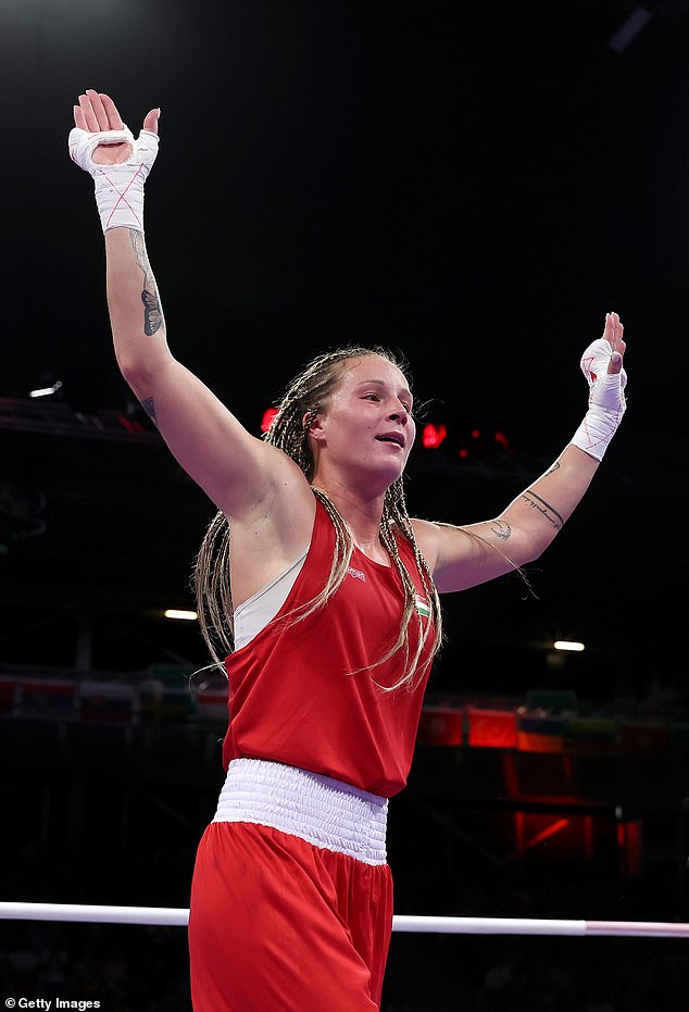 Anna Luca Hamori of Team Hungary celebrates after winning the Women's 66kg preliminary round match against Marissa Williamson of Team Australia on August 1
