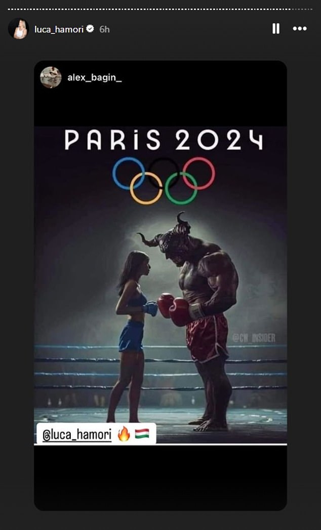 In the lead up to her match on Saturday, Hamori shared several posts to her Instagram story about Khelif, including an image of a small woman facing a muscled beast in boxing gloves