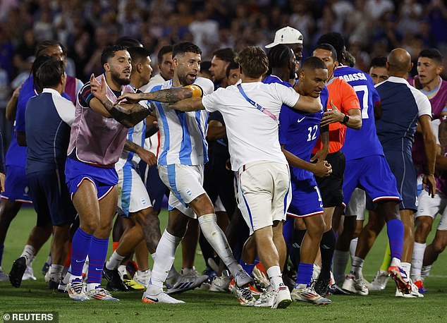 Both sets of players clashed with each other after France beat Argentina 1-0 in Bordeaux