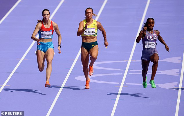 Bree Masters (pictured, centre) was all smiles after becoming the first Australian female sprinter since Melinda Gainsford-Taylor at the Sydney 2000 Games to reach the Olympic 100m semis