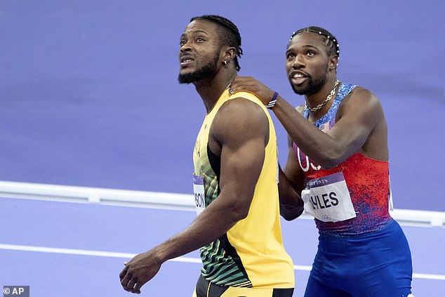 Noah Lyles (right) and Kishane Thompson had a nervous wait to find out who won the 100m